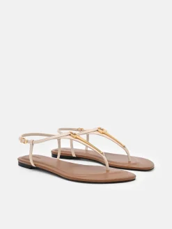 Leather T-Bar Sandals - Beige