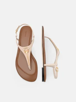 Leather T-Bar Sandals - Beige