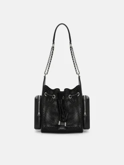 Mesh Drawstring Bucket Bag - Black Fabric