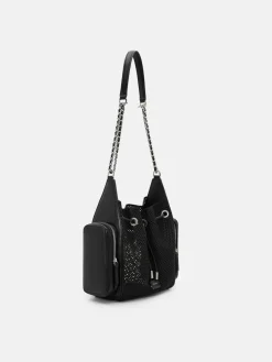 Mesh Drawstring Bucket Bag - Black Fabric