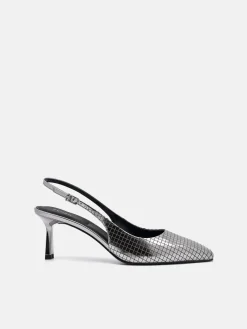 Metallic Leather Slingback Heel Pumps - Pewter