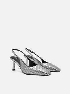 Metallic Leather Slingback Heel Pumps - Pewter