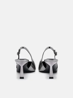 Metallic Leather Slingback Heel Pumps - Pewter