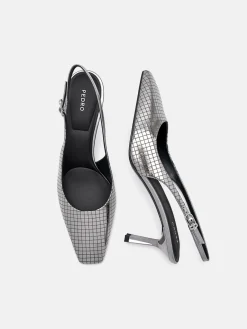 Metallic Leather Slingback Heel Pumps - Pewter
