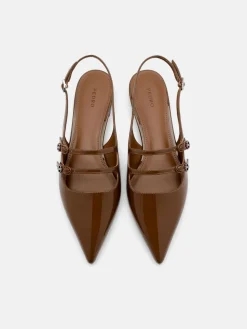 Patent Leather Slingback Ballerina Flats - Brown