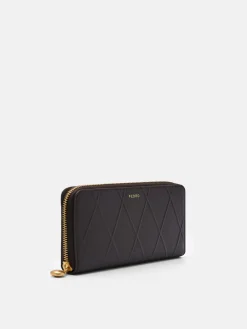 Quilted Leather Long Wallet - Dark Brown
