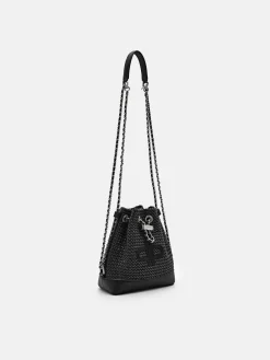 Raffia Mini Bucket Bag - Black