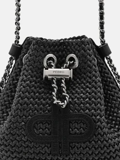Raffia Mini Bucket Bag - Black