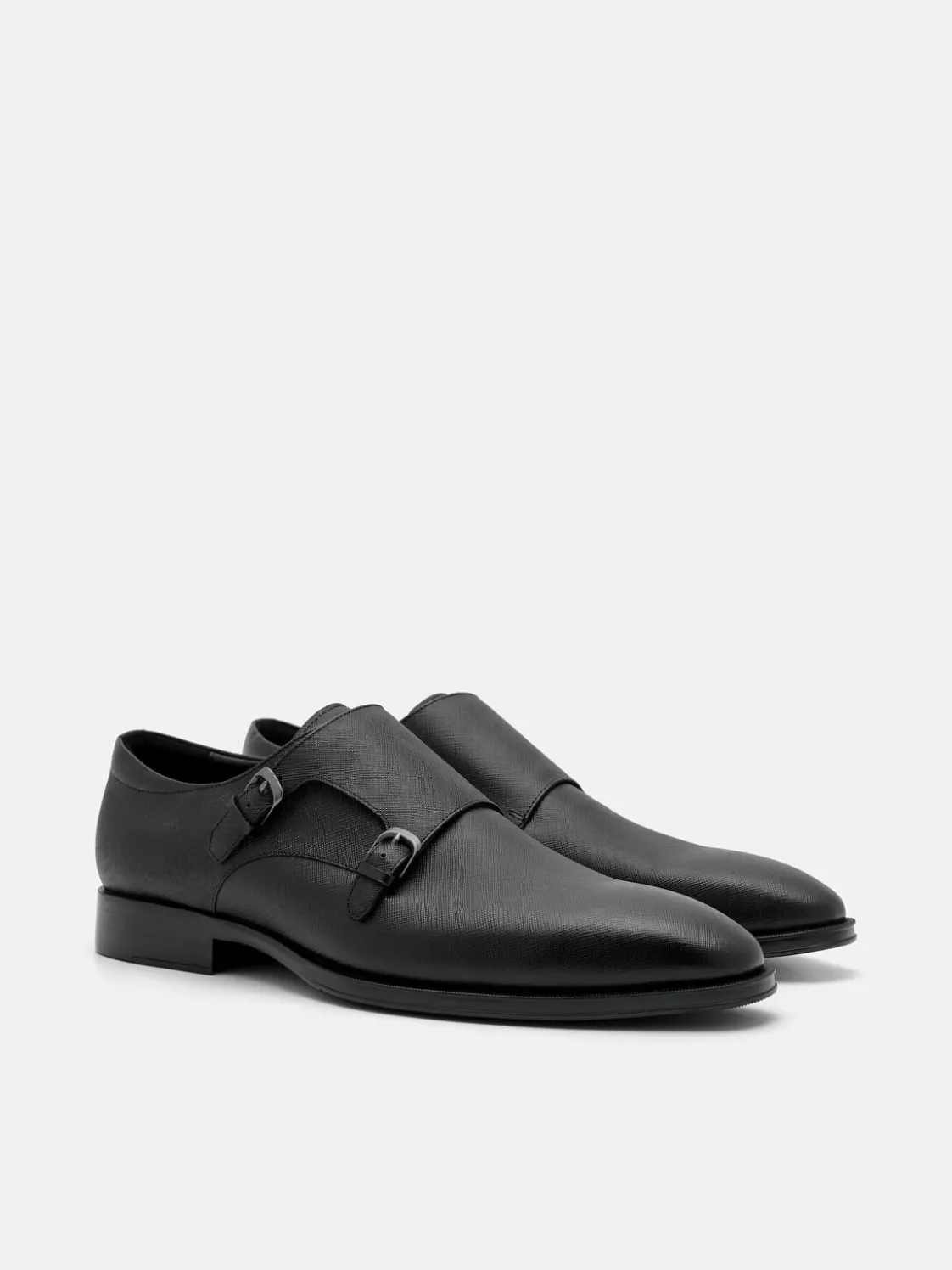 Saffiano Leather Double Monkstrap Shoes - Black