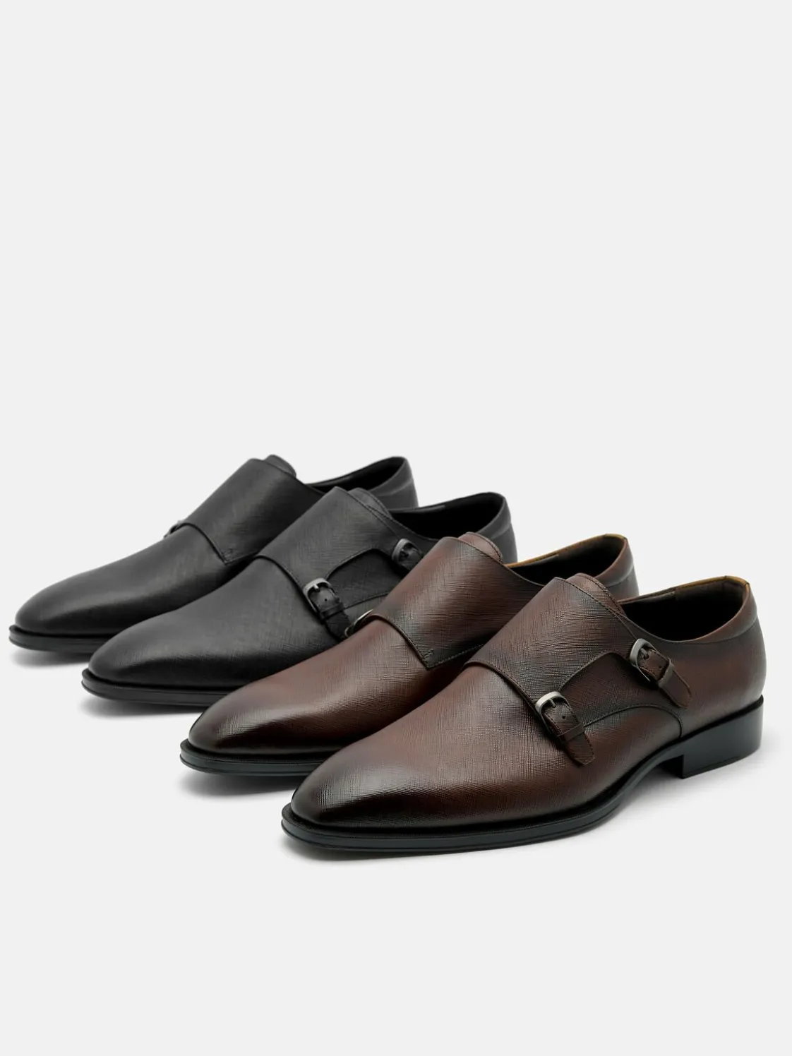 Saffiano Leather Double Monkstrap Shoes - Black