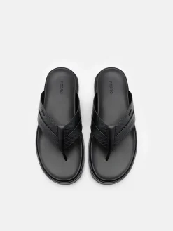 Woven Thong Sandals - Black Embossed