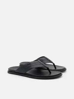 Woven Thong Sandals - Black Embossed