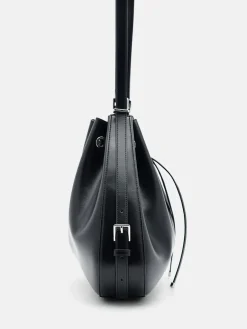 Wrinkled Drawstring Bucket Bag - Black
